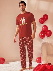 CoupledUp Valentine's Day Men's Pajama Set Short Sleeve Top & Long Pants - Red - View 5
