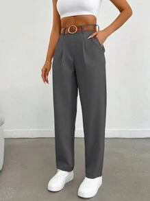 EURMUSE Women Solid Color Pleated Straight Loose Daily Casual Commuting Long Pants - Dark Grey - View 5