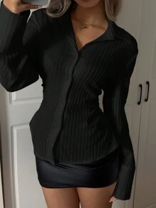 SHEIN EZwear Áo cánh tay loe họa tiết eo trơn màu đơn giản cho nữ - màu đen - Xem 6