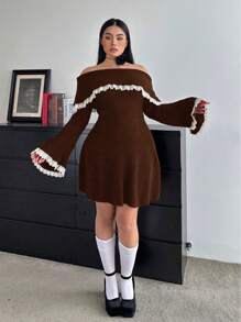 SHEIN MOOSTA 大码优雅拼色蕾丝边露肩喇叭袖毛衣连衣裙，秋冬 - 棕色 - 查看 5