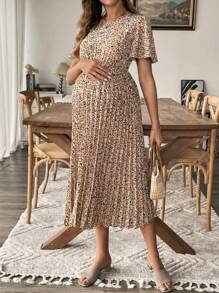 SHEIN Đầm bầu cổ tròn tay bèo xếp ly họa tiết hoa thanh lịch cho bà bầu - Màu Khaki - Xem 3