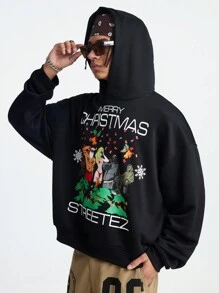Manfinity NXTstreet Men's Christmas Slogan Graphic Printed Casual Long Sleeve Hooded Sweatshirt, Autumn/Winter Black Hoodie, For Friends, Husband, Boyfriend Gifts - Black - View 4