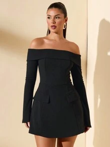 SHEIN BAE Women's Autumn Off-Shoulder Long Sleeve Decor Cocktail Dress For Party, Date Night