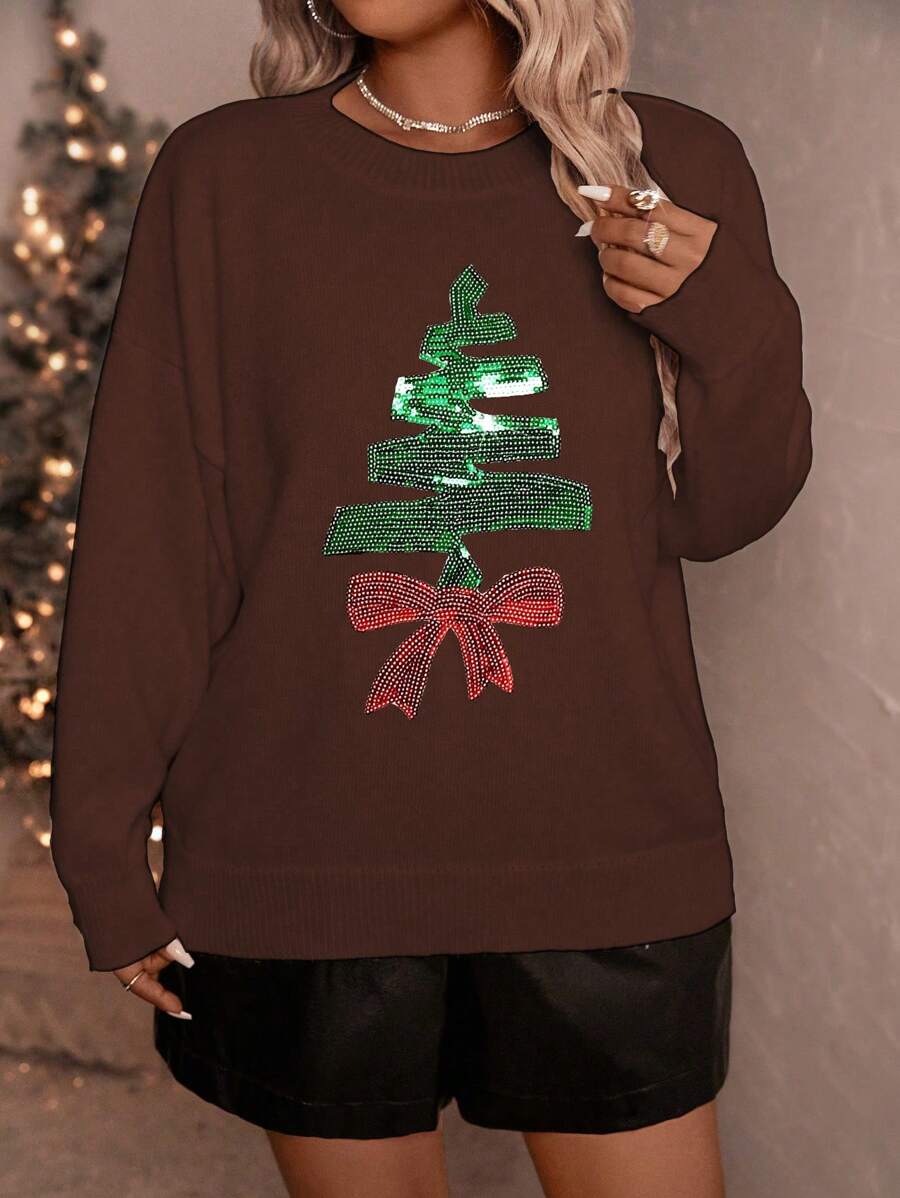SHEIN Clasi Maglione casual da donna con collo a ciambella, decorato con albero di Natale e paillettes, adatto per Ognissanti, Capodanno, San Valentino, Ringraziamento, Natale, Pasqua, Festa Nazionale, Ballo di fine anno e altre occasioni, maglia lavorata a maglia per l'autunno e l'inverno - Caffè Marrone - Visualizzare 1