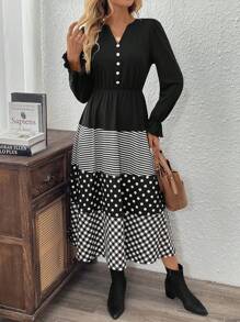 EMERY ROSE Women's Autumn Striped Polka Dot Print Long Sleeve Button Design Elegant Midi Dress - Black - View 3