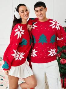 Manfinity VCAY Unisex Christmas Tree & Snowflake Pattern Loose Fit Crew Neck Pullover Sweater, Suitable For Christmas, Autumn/Winter - Red - View 1