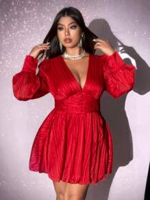 Viva Relle Plus Size Women V-Neck Lantern Sleeve Ruched Waist Short Dress For New Year Clothes,Valentine - Red - View 5