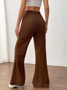 SHEIN Unity 女士纯色松紧腰休闲裤，日常穿着 - 棕色 - 查看 2