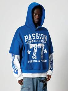 ROMWE MEN Street Life Men's Loose Short Style 2 In 1 Hoodie, Street Style - Black - View 6