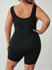 SHEIN CURVE+ Bộ đồ liền thân không tay cổ vuông màu trơn cỡ lớn - màu đen - Xem 2