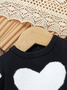Conjunto de suéter informal con estampado de corazones lindo para bebé niña - Blanco y Negro - Ver 5
