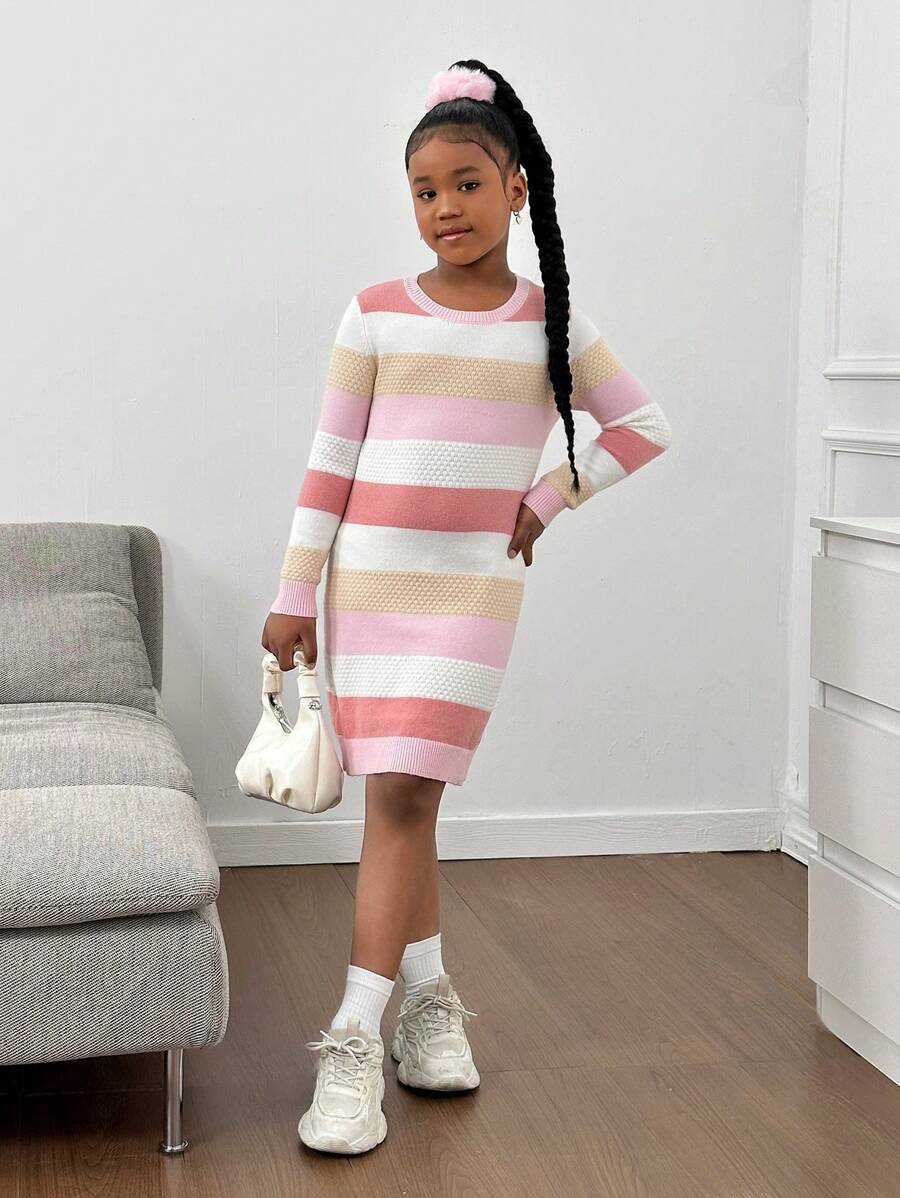 SHEIN Tween Girls' Loose Casual Minimalist Comfy Crew Neck Pullover Colorful Striped Sweater Dress