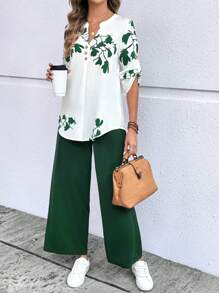 EMERY ROSE Women's Plant Print V-Neck Ruffle Sleeve Shirt And Wide Leg Pants 2 Pieces Casual Set