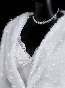 SHEIN ICON Cappotto di pelliccia bianco elegante da donna in stile Y2K per feste, Capodanno e uso casual, con decorazioni in perle finte, manica lunga