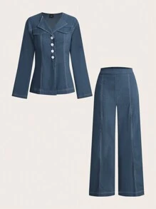 Modelyn 2 件套女士纯色上衣和裤子，简约时尚休闲装，适合日常穿着 2 件套 - 霧霾藍 - 查看 1