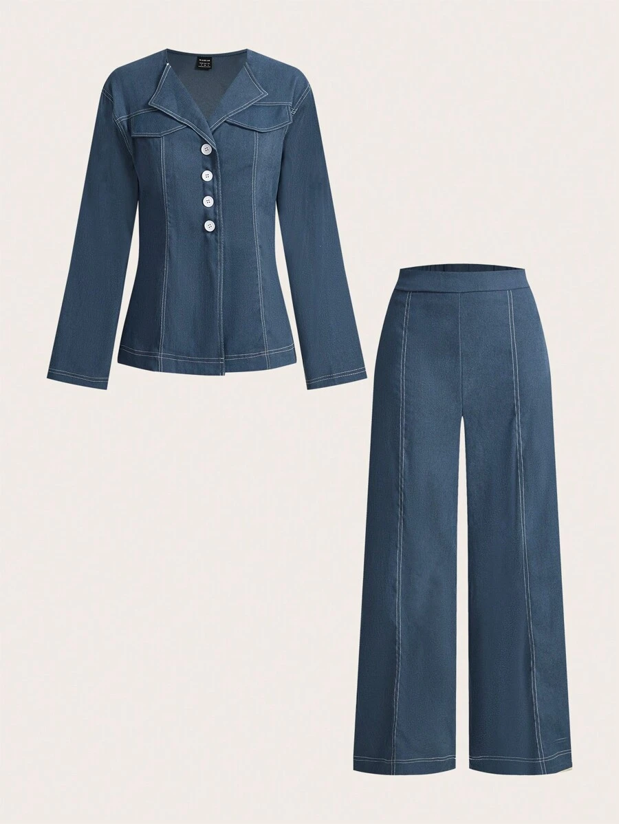 Modelyn 2 件套女士纯色上衣和裤子，简约时尚休闲装，适合日常穿着 2 件套 - 霧霾藍 - 查看 1