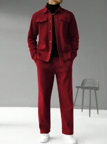 Manfinity Homme 2pcs Men's Solid Color Front Button Shirt With Pocket And Casual Pants Set, Fall Clothes, Cozy Outfits - Burgundy - View 2