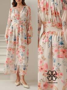 Aveloria Rosie 优雅法式花园花卉轻质雪纺连衣裙，配 PU 腰带，立领，长袖，及踝长，春秋情人节 - 彩色 - 查看 2