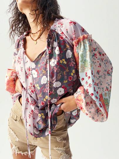 Bohemela Bohemian Casual Woven Printed V-Neck Lantern Sleeve Loose Women Shirt