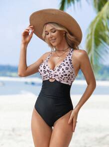 Swim Lushoire Traje de baño de una pieza con cuello en V profundo y estampado de leopardo para mujer, de verano - Multicolor - Ver 6