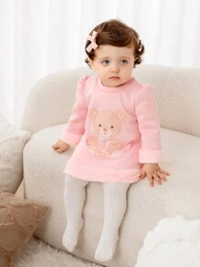 SHEIN Newborn Baby Cute Bear Print Patchwork Fluffy Warm Dress, Suitable For Outgoing In Autumn/Winter - Multicolor - View 2
