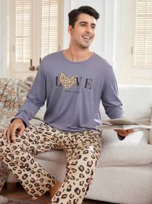 Leopard Print Letter Graphic Pullover Pajamas Set - Long Sleeve Top And Pants For Men - Dusty Purple - View 5