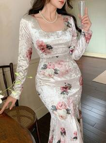 DAZY Women Velvet Casual Dress, Spring/Fall,Ruffle Long Sleeve Dress Floral - Multicolor - View 7