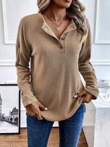 SHEIN LUNE 半排扣落肩袖華夫格編織T恤