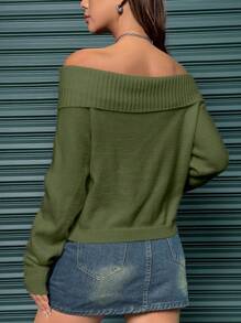 SHEIN Unity 女士纯色露肩长袖简约休闲针织套头衫秋冬毛衣 - 軍綠色 - 查看 2
