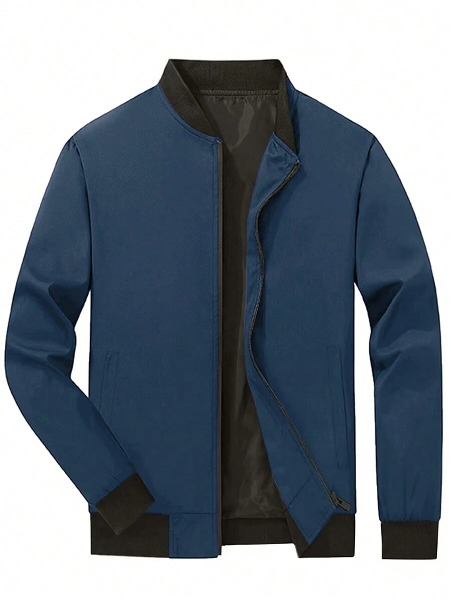 Manfinity Homme Plus Size Men's Solid Color Zip-Up Casual Versatile Long Sleeve Jacket - Teal Blue - View 1