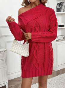 SHEIN LUNE 女士不对称领长袖宽松针织毛衣连衣裙，秋冬季新年衣服 - 紅色 - 查看 5
