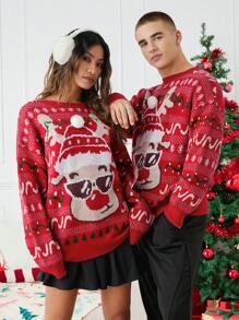 Manfinity VCAY Unisex Deer & Fawn Pattern Loose Raglan Crew Neck Pullover Sweater, Suitable For Christmas, For Fall Winter - Red - View 1