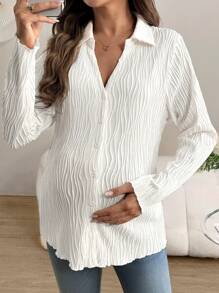 SHEIN V-Neck Textured Casual T-Shirt For Autumn, White, Maternity T-Shirt