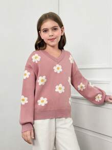 Jersey de punto con cuello en V y diseño floral intarsia informal para niñas preadolescentes