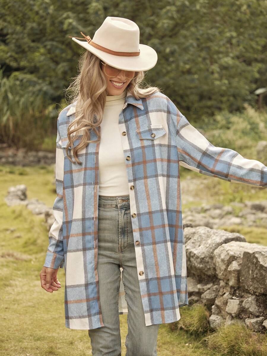 LanaWest Chemise à carreaux bleus et blancs en flanelle à manches longues pour femme