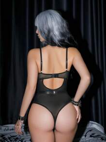 Dark Punk PU Patchwork Metal Buckle Sexy Jumpsuit - Black - View 2