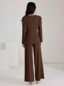 SHEIN PETITE CURVE Plus Size Women's Elegant Solid Color Fitted Jacket And Pants Suit Set, Chocolate Brown Modern Suiting 2 Pieces Set Autumn Winter Clothes For Women