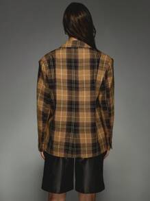 MISSGUIDED Designer Plaid Blazer Double Breasted Fall Winter Wool Oversized Professional Office Wear Business Formal Suit Jacket Coat With Lapel Collar - Brown - View 2