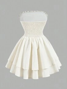 SHEIN Serisse Kids Tween Girl 纹理荷叶边蝴蝶结分层蛋糕裙连衣裙，优雅无袖收腰连衣裙，白色，法式童话风格公主裙，适合生日派对、毕业舞会、情人节 - 白色 - 查看 6