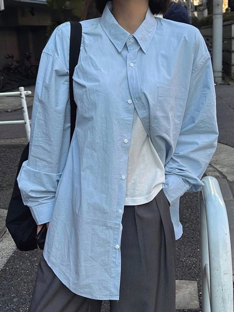 Women Loose Mid-Length Solid Color Shirt, Casual & Fashionable For Daily Wear Long Sleeve Top