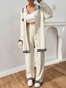 EURMUSE Women Stripe Pattern Pocket Detailed Front Button Cardigan & Sweater Pants Set - Beige - View 1