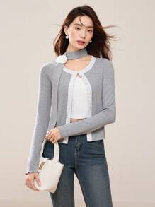 EastFlair Women Solid Color Splice Long Sleeve Casual Top