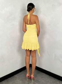 SHEIN BAE Đầm dự tiệc mùa hè xếp nếp cổ yếm màu trơn cho nữ - Màu vàng - Xem 2