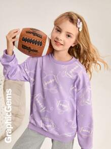 Tween Girls' Bow Print Round Neck Drop Shoulder Casual Hoodie, Autumn/Winter - Purple - View 7