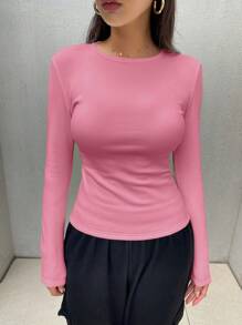 DAZY 女士纯色圆领粉色长袖简约T恤，休闲日常穿着，秋季学院风上衣，保暖内衬，冬季 - 玫紅色 - 查看 5