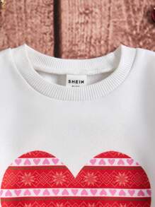 SHEIN Baby Boy Crew Neck Long Sleeve Knit Sweatshirt With Heart Print, Fuzzy Sleeves, Autumn/Winter (Sold Separately, 3 Pieces) - White - View 8