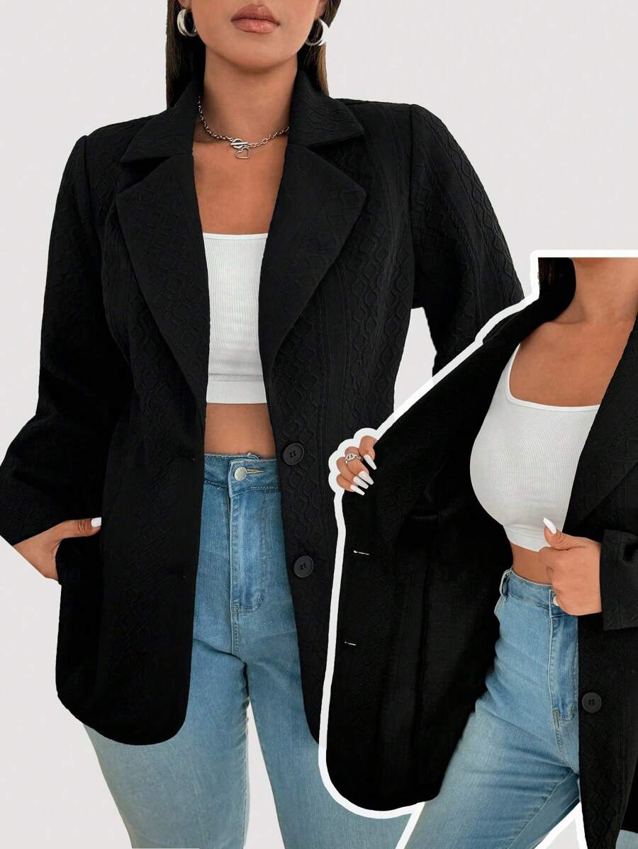 Calvaya Blazer vintage pour femmes en grande taille, à manches longues, en tricot jacquard texturé, noir, style city