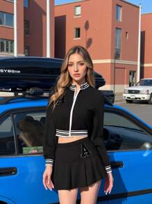 SHEIN 少女黑白长袖短款夹克和百褶裙 2 件套休闲套装 - 黑與白 - 查看 8