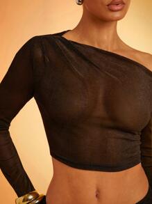 Hauture Velvet Long Sleeve Off Shoulder Sheer Holiday Top, Winter Clothes Women