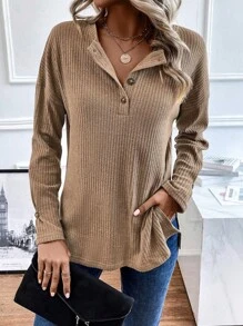 SHEIN LUNE 半排扣落肩袖華夫格編織T恤